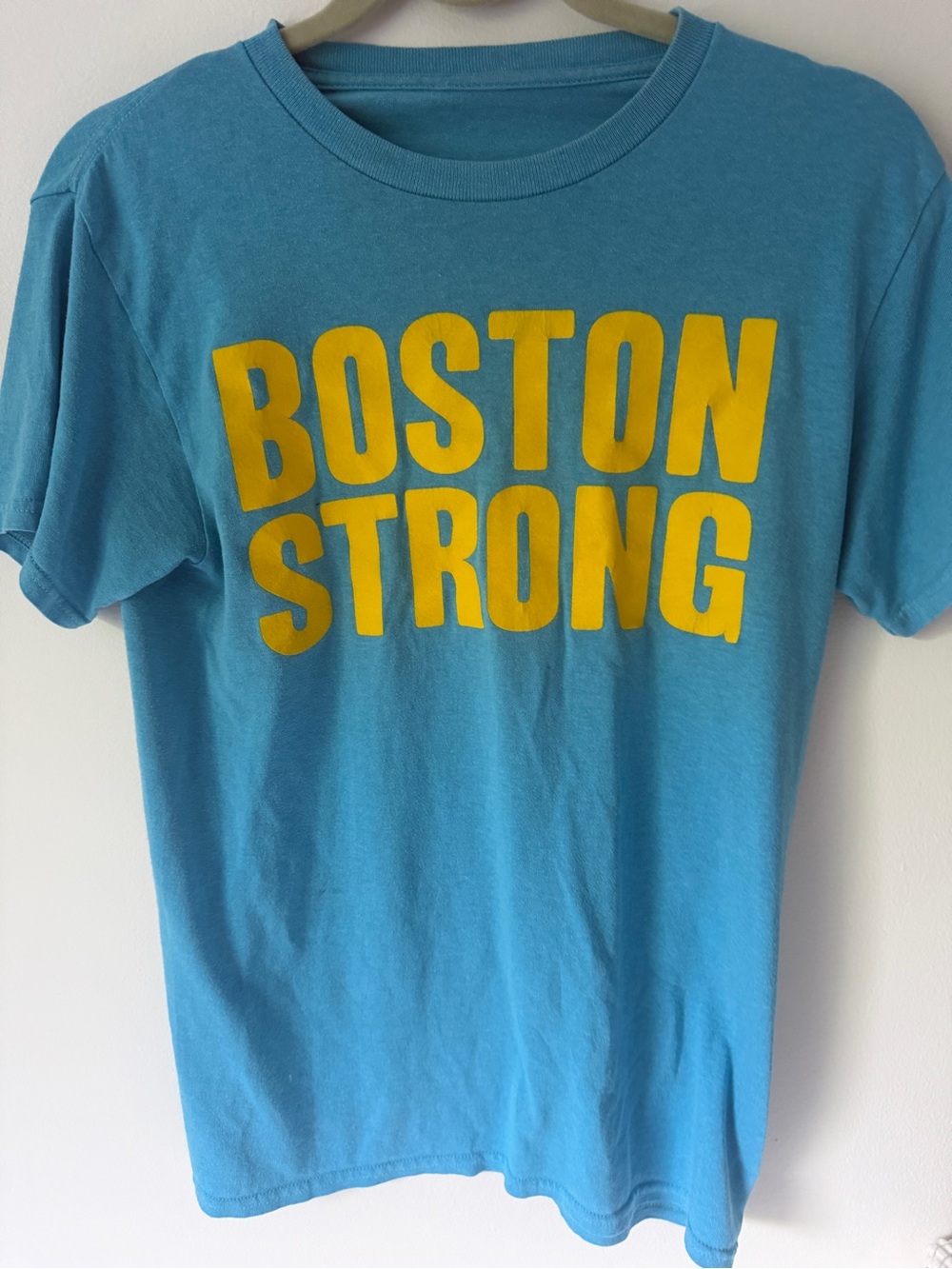 Boston Strong Short Sleeve Tee in Light Blue with Yellow Print UNISEX
